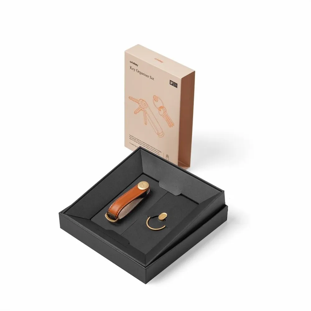 Orbitkey Gift Set - Leather Key Organizer - Cognac with Gold Ring