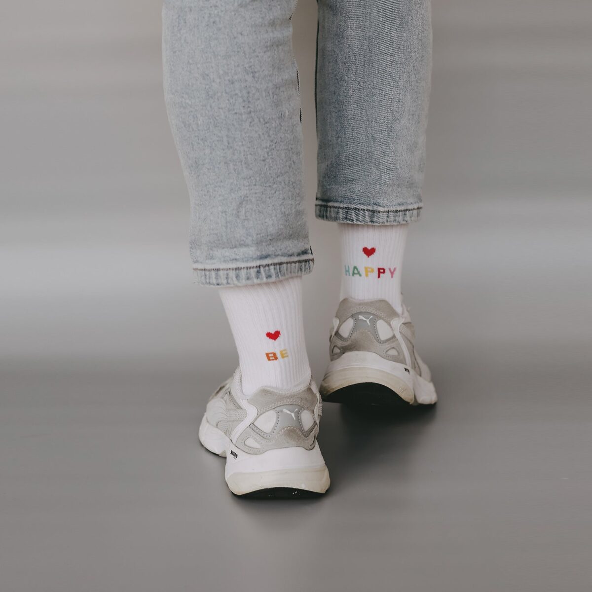 Owl cut socks with Be Happy saying in white