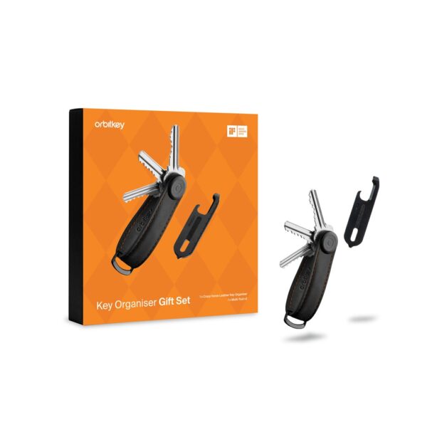 Gift Set Crazy Horse Organisateur de clés en cuir + Multitool V2 - Noir / Couture orange
