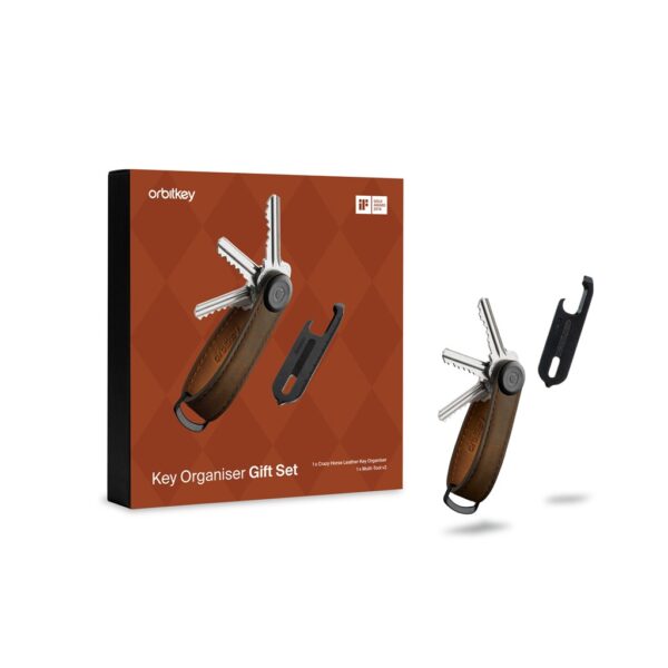 Gift Set Crazy Horse Leather Key Organizer + Multitool V2 - Oak brown / brown seam