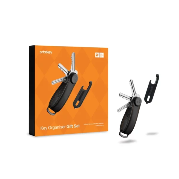 Gift Set Crazy Horse Leather Key Organiser + Multitool V2 - Schwarz / Orange Naht