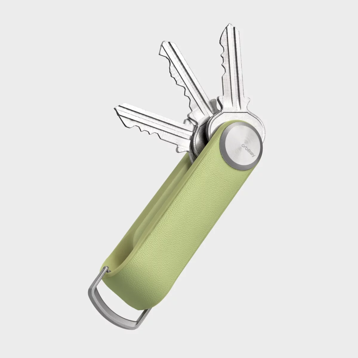 Orbitkey Key Organiser Tracker in Citrus, geöffnet mit drei aufgefächerten Schlüsseln und D-Ring