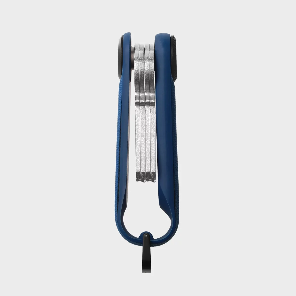 Seitenansicht des Orbitkey Key Organiser Tracker in Cobalt, Schlüssel flach und klirrfrei gestapelt