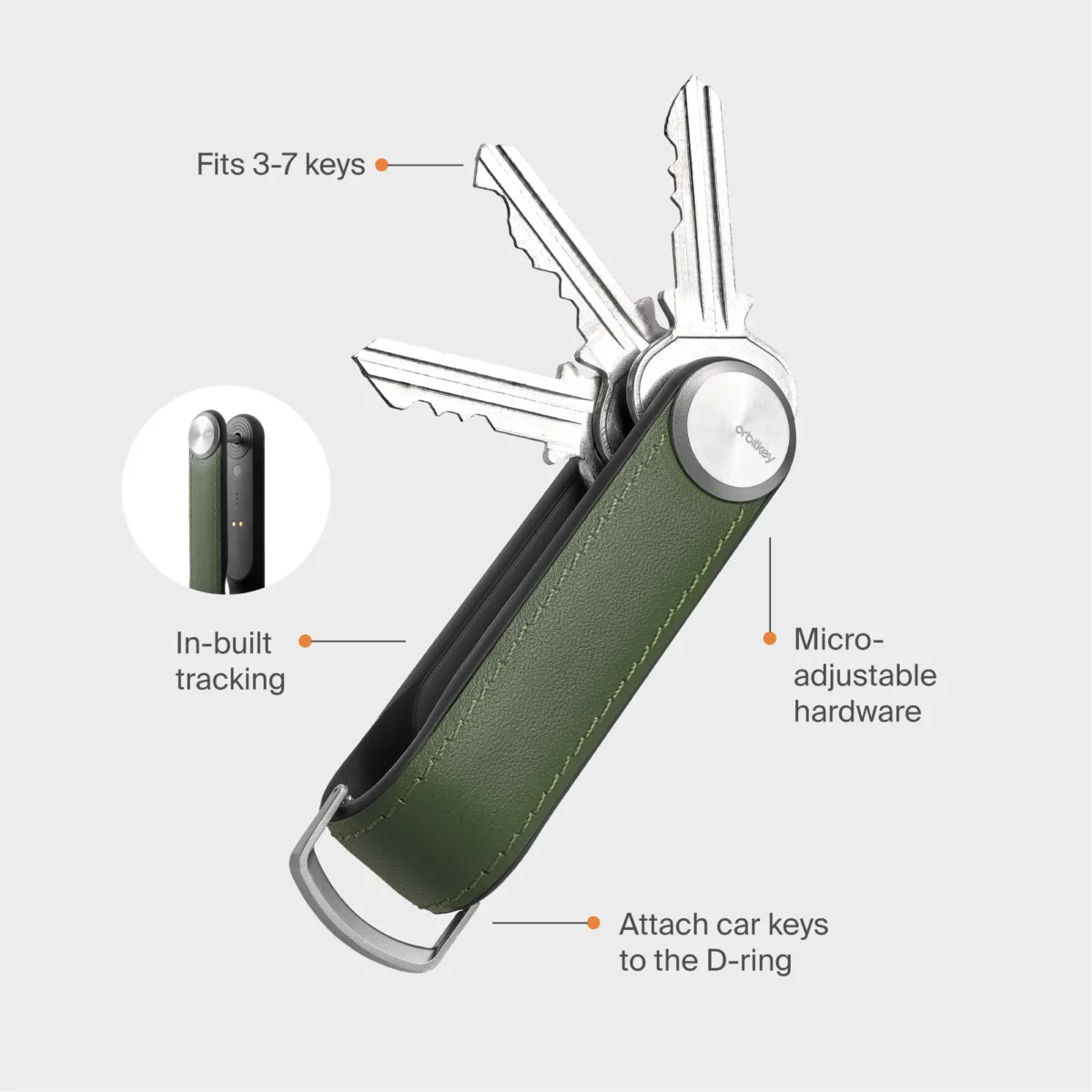 Infografik Orbitkey Key Organiser Tracker Leder Waldgrün: 3 bis 7 Schlüssel, integriertes Tracking, D-Ring für Autoschlüssel
