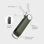 Infografik Orbitkey Key Organiser Tracker Leder Waldgrün: 3 bis 7 Schlüssel, integriertes Tracking, D-Ring für Autoschlüssel