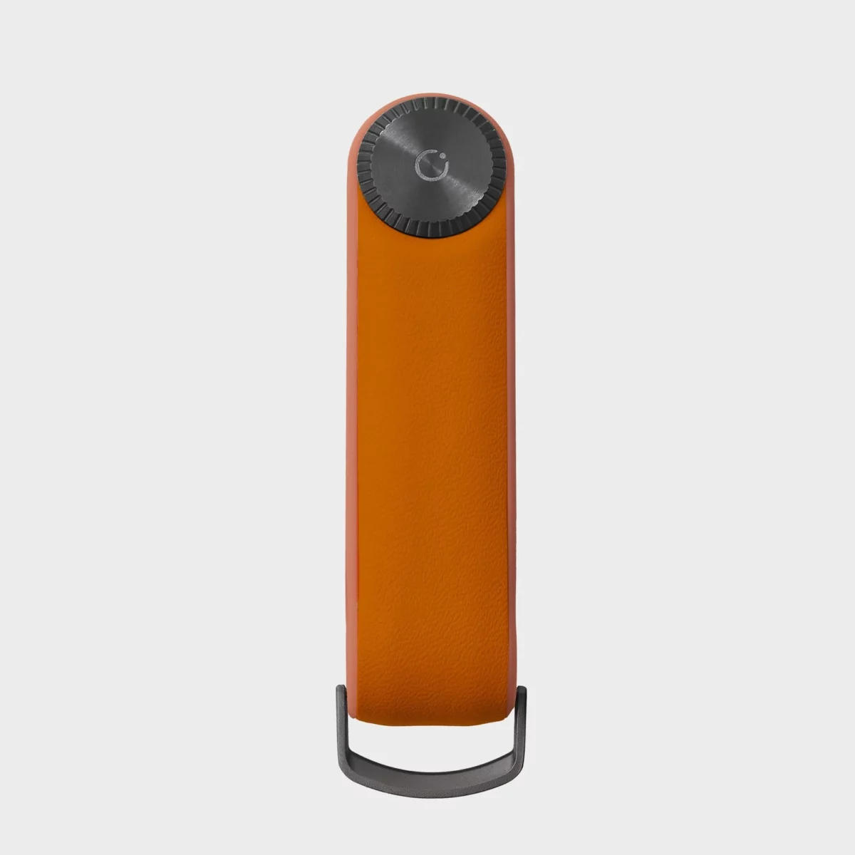 Vorderseite des Orbitkey Key Organiser Tracker in Orange, geschlossen mit Edelstahl-Verschluss und D-Ring