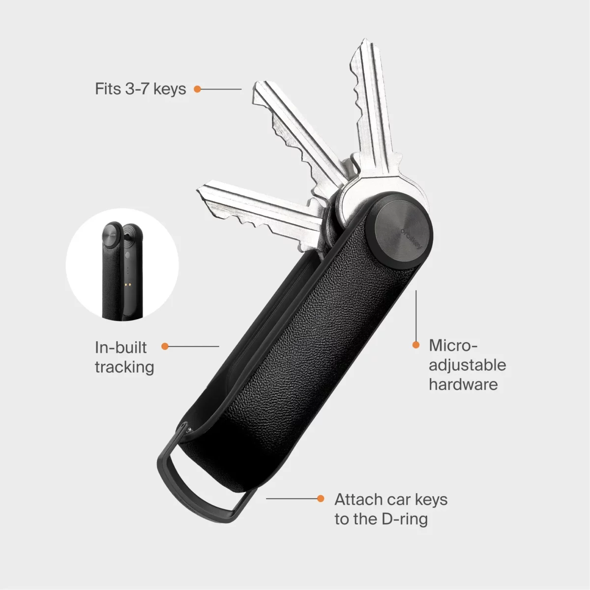 Infografik Orbitkey Key Organiser Tracker in Schwarz: 3 bis 7 Schlüssel, eingebautes Tracking, D-Ring für Autoschlüssel