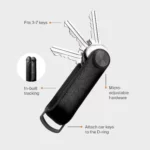 Infografik Orbitkey Key Organiser Tracker in Schwarz: 3 bis 7 Schlüssel, eingebautes Tracking, D-Ring für Autoschlüssel