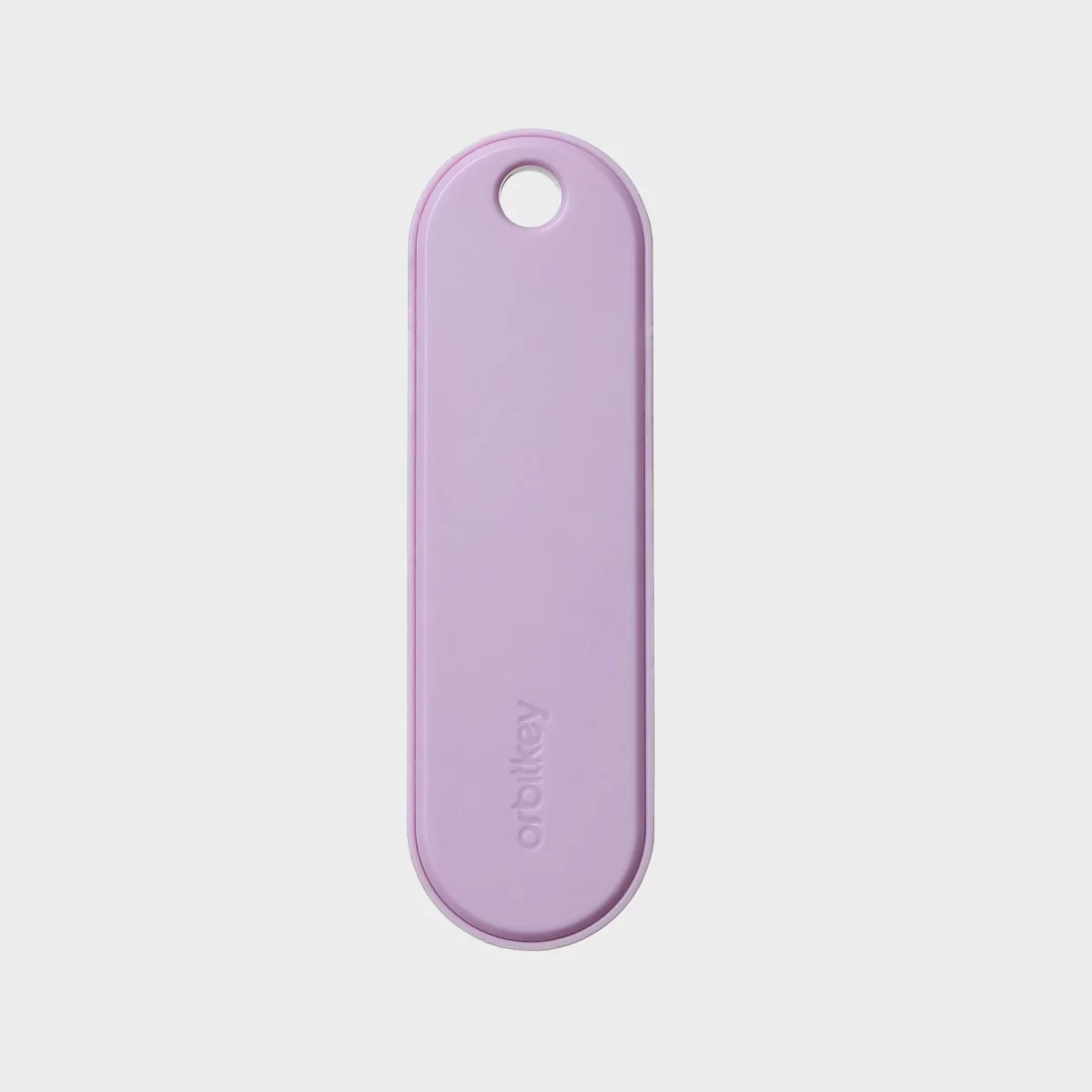 Vorderseite des Orbitkey Universal Tracker in Lila, gerade von oben mit Öse und Orbitkey-Logo