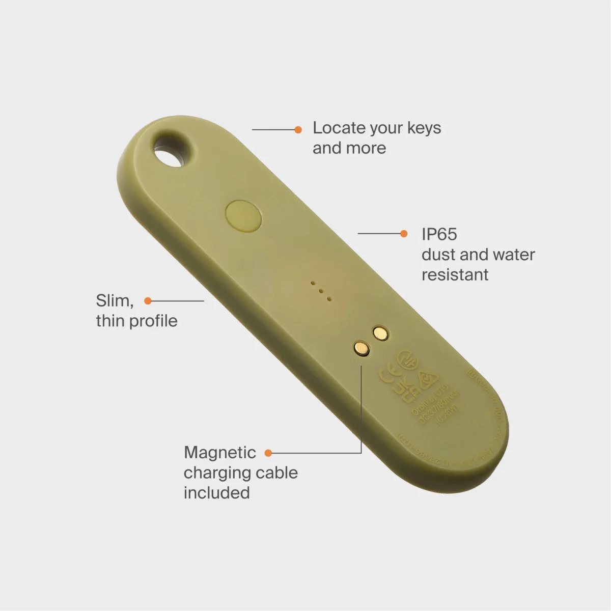 Infografik Orbitkey Universal Tracker Pistazie: flaches Profil, IP65, magnetisches Ladekabel, Schlüssel orten