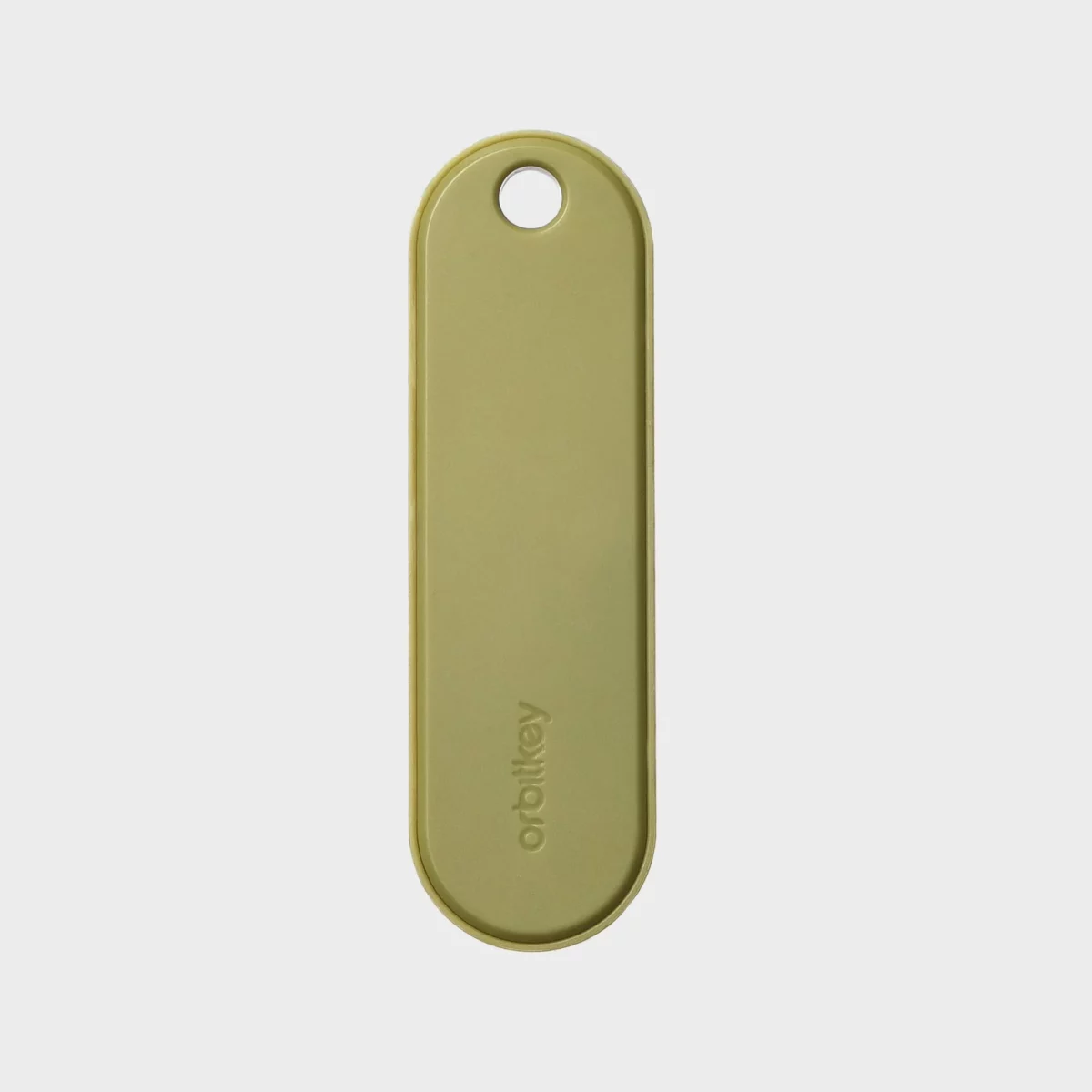Vorderseite des Orbitkey Universal Tracker in Pistazie, gerade von oben mit Öse und Orbitkey-Logo