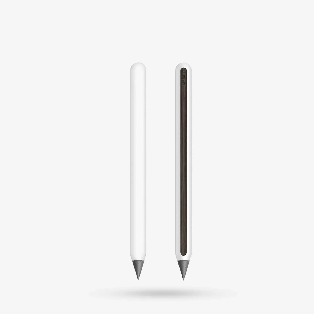 Stilform AEON aluminium pencil in Polar White with graphite tip, front and back view showing the wood inlay