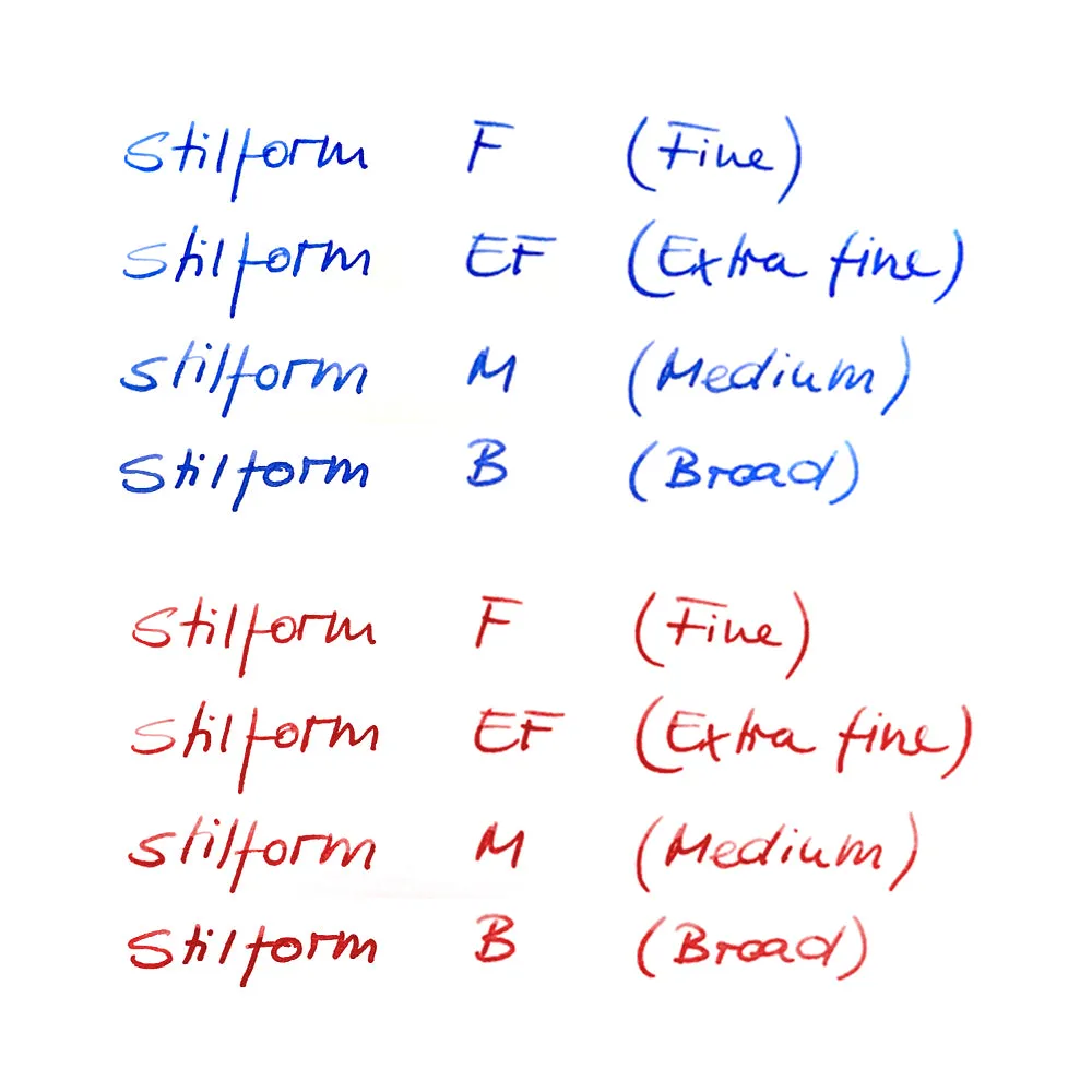 Schriftprobe der Federbreiten EF, F, M und B des Stilform INK