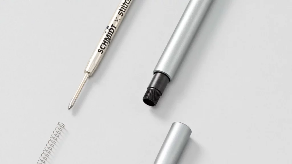 Stilform PEN Kugelschreiber zerlegt mit Schmidt-Mine und Feder zum Minenwechsel