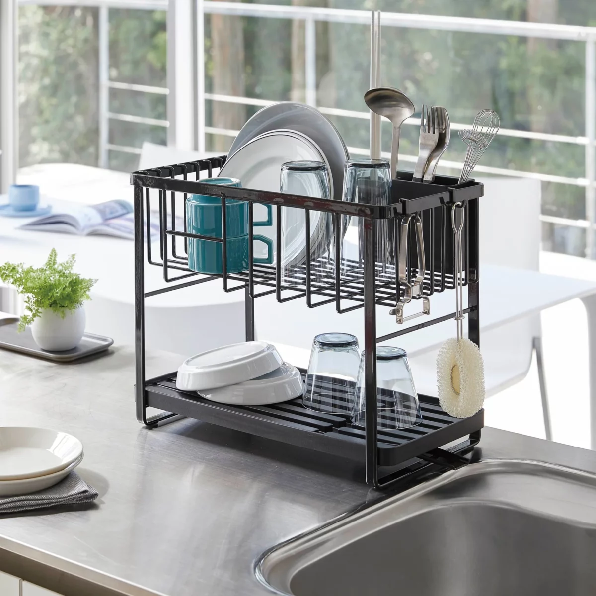 Yamazaki Two-Tier Dish Rack TOWER Black, Detail View 2 | One Horizon
