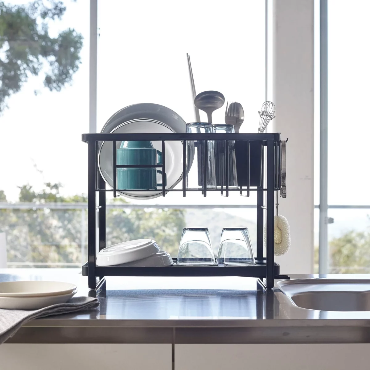 Yamazaki Two-Tier Dish Rack TOWER Black, Detail View 10 | One Horizon