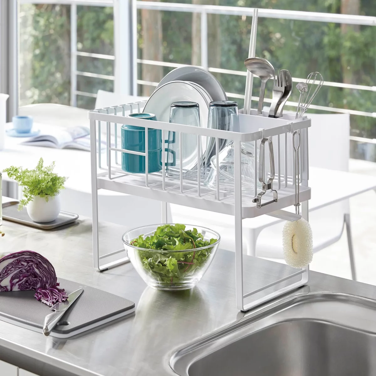 Yamazaki Two-Tier TOWER White Dish Rack, Detail View 3 | One Horizon