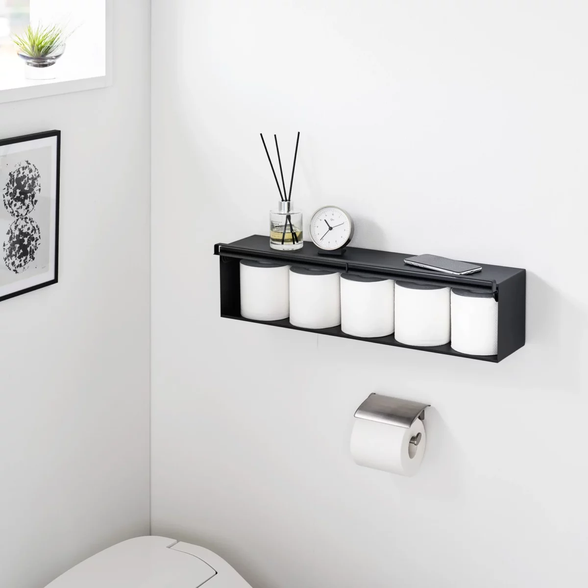 Yamazaki TOWER Black Wall-Mounted Storage Box, Detail View 2 | One Horizon