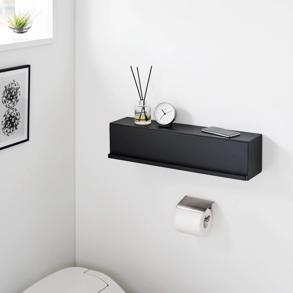 Yamazaki TOWER Black Wall-Mounted Storage Box, Detail View 3 | One Horizon
