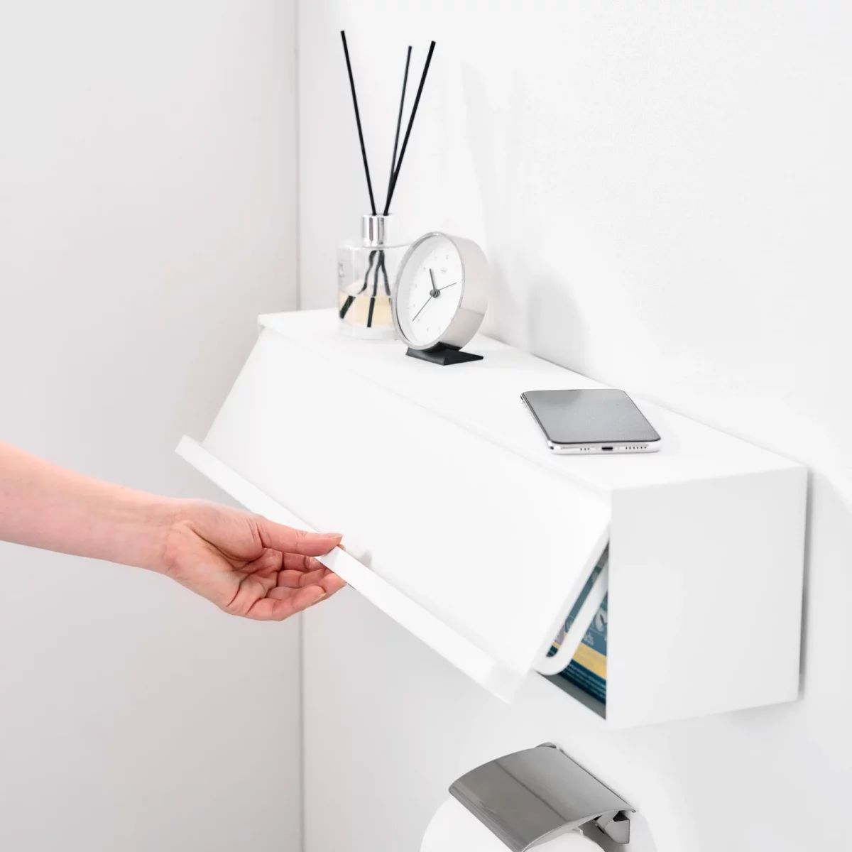 Yamazaki TOWER White Wall-Mounted Storage Box, Detail View 4 | One Horizon
