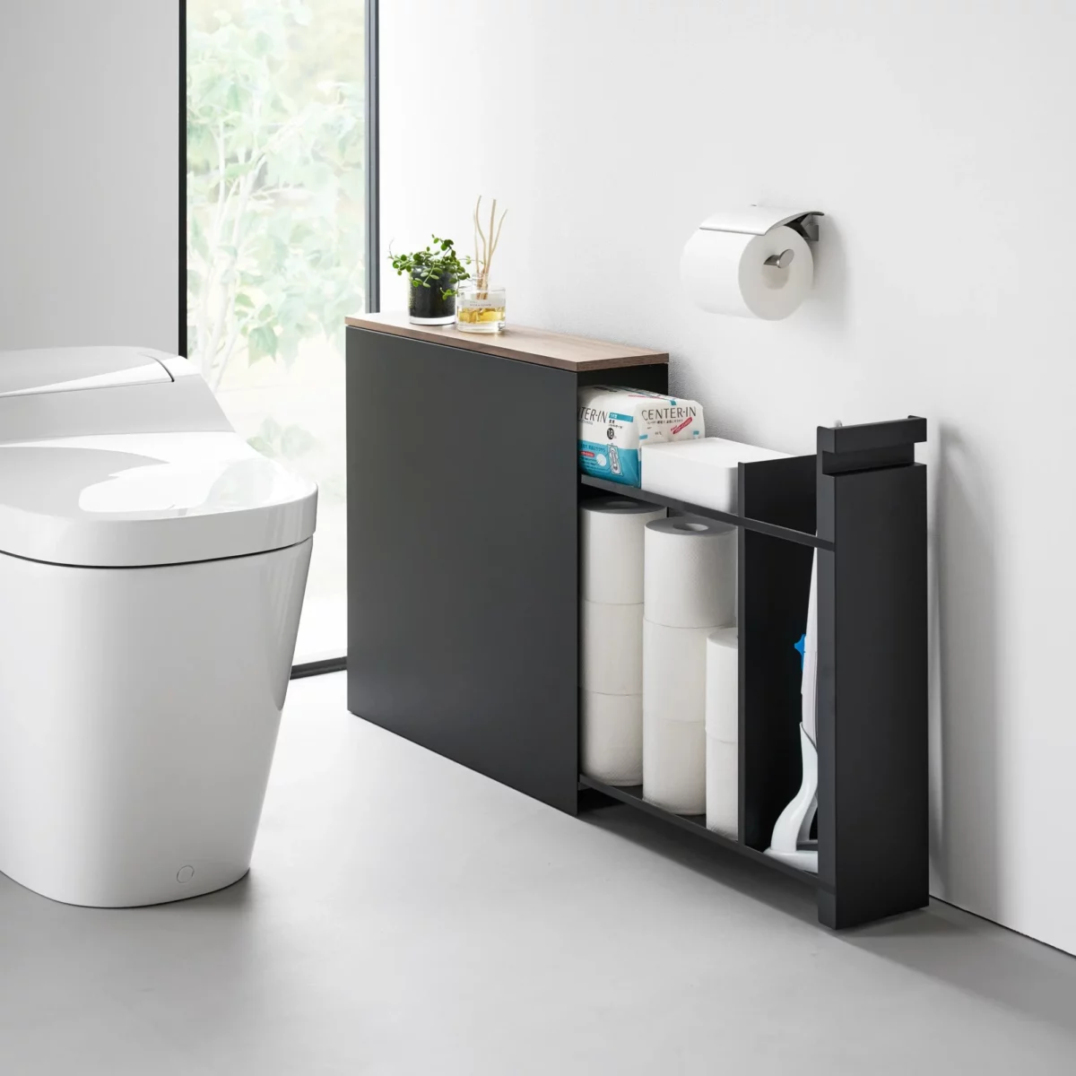 Yamazaki TOWER Pull-Out Shelving Unit with Wooden Shelf, Black, Detail View 2 | One Horizon