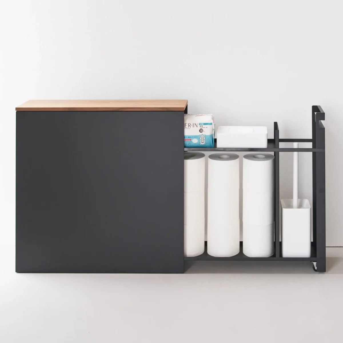Yamazaki TOWER Pull-Out Shelving Unit with Wooden Shelf, Black, Detail View 4 | One Horizon