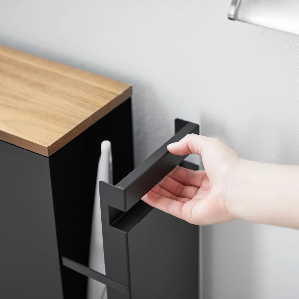 Yamazaki TOWER Pull-Out Shelving Unit with Wooden Shelf, Black, Detail View 5 | One Horizon