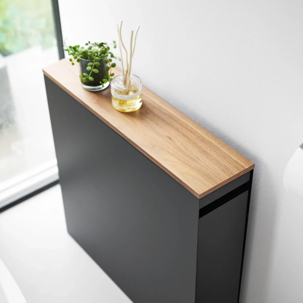 Yamazaki TOWER Pull-Out Shelving Unit with Wooden Shelf, Black, Detail View 8 | One Horizon