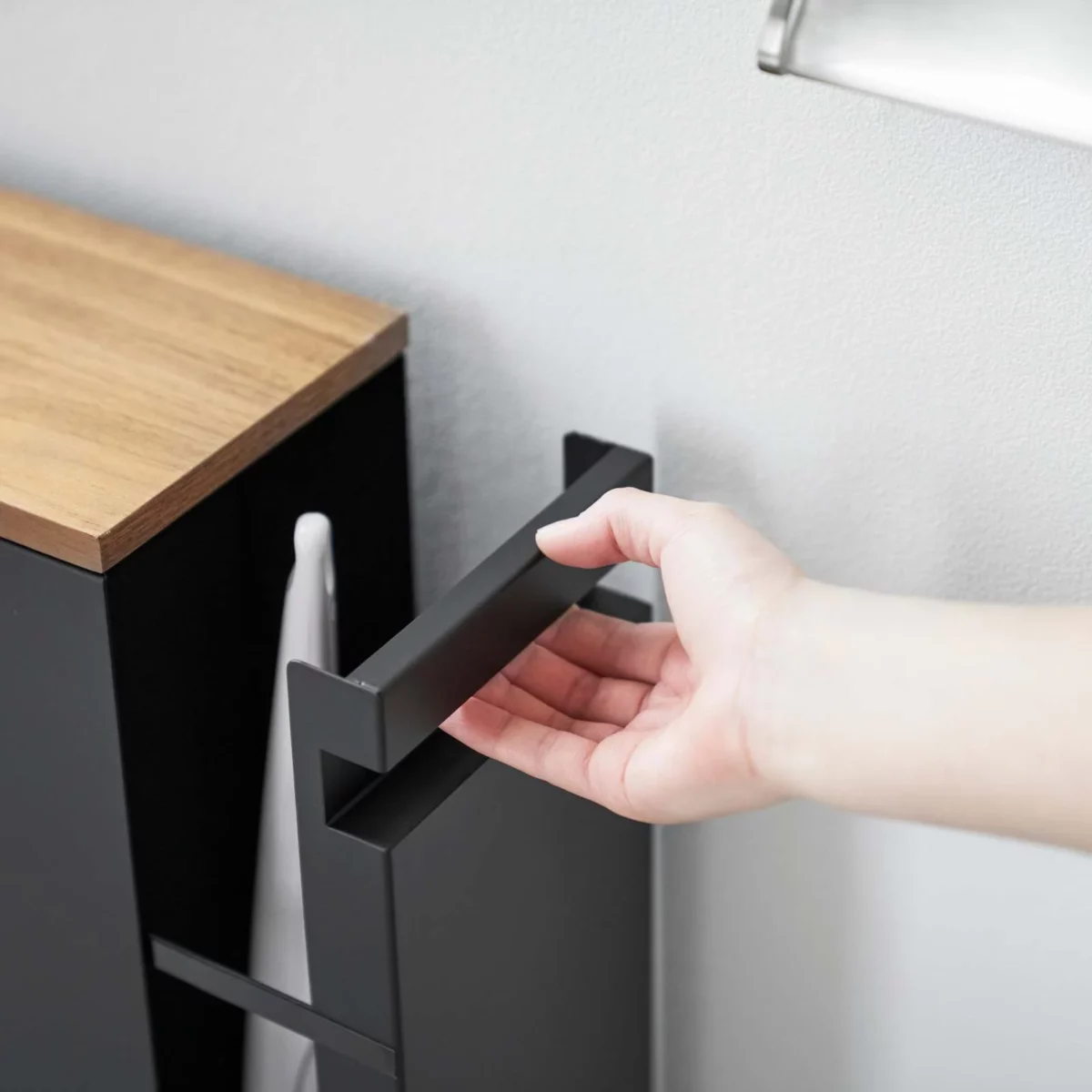 Yamazaki TOWER Pull-Out Shelving Unit with Wooden Shelf, Black, Detail View 14 | One Horizon