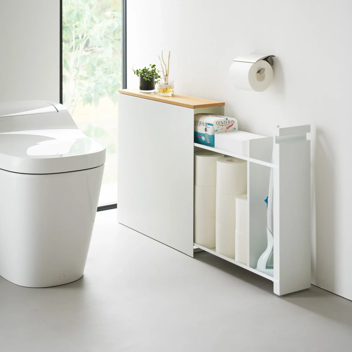 Yamazaki TOWER Pull-Out Shelving Unit with Wooden Shelf, White, Detail View 2 | One Horizon