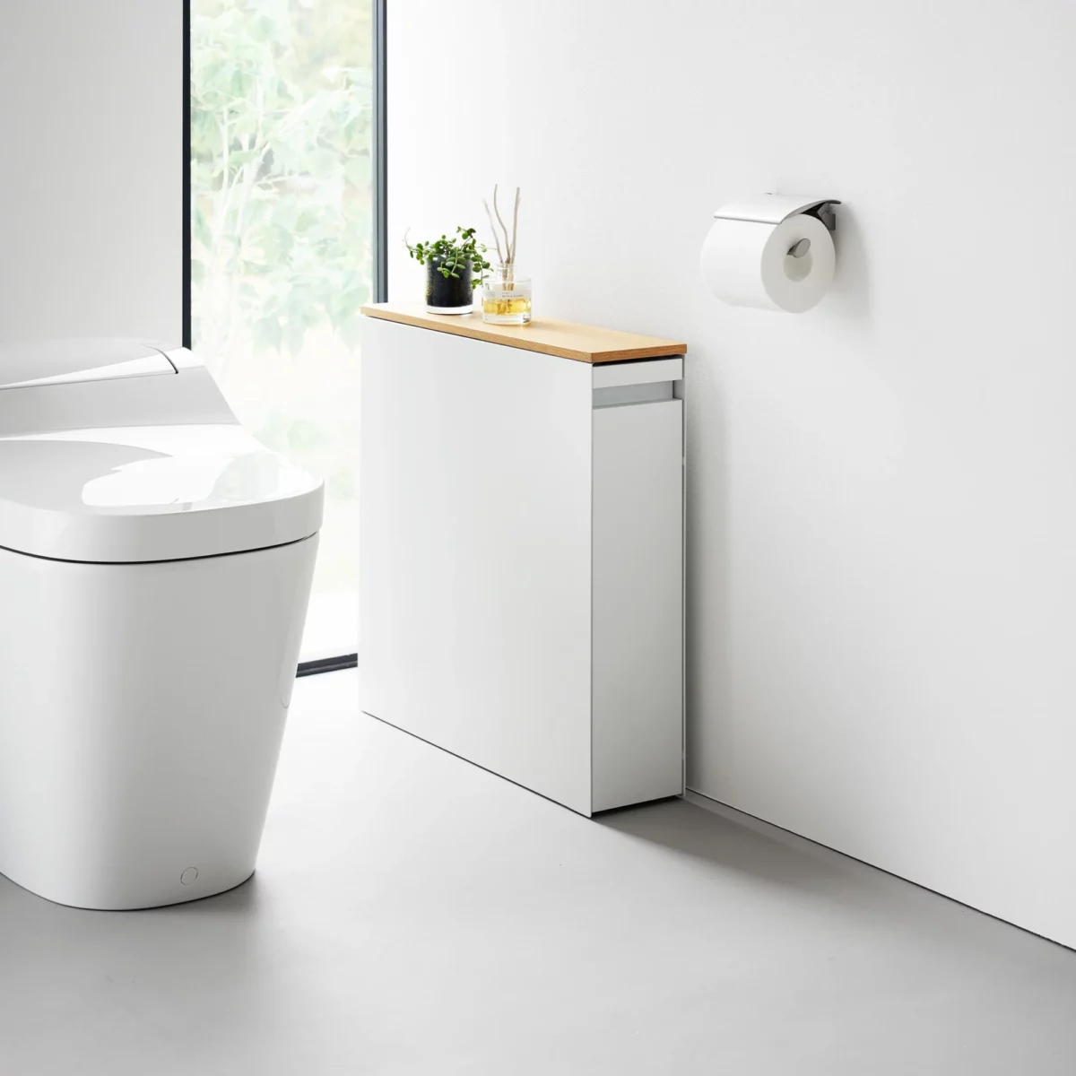 Yamazaki TOWER Pull-Out Shelving Unit with Wooden Shelf, White, Detail View 3 | One Horizon