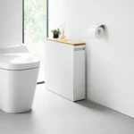 Yamazaki TOWER Pull-Out Shelving Unit with Wooden Shelf, White, Detail View 3 | One Horizon