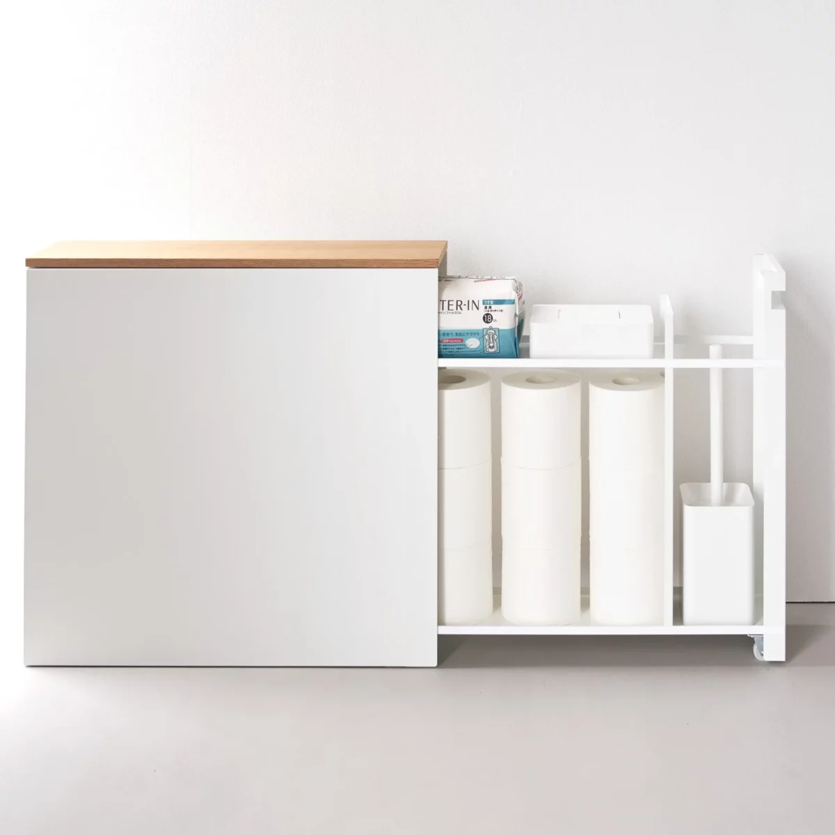 Yamazaki TOWER Pull-Out Shelving Unit with Wooden Shelf, White, Detail View 4 | One Horizon