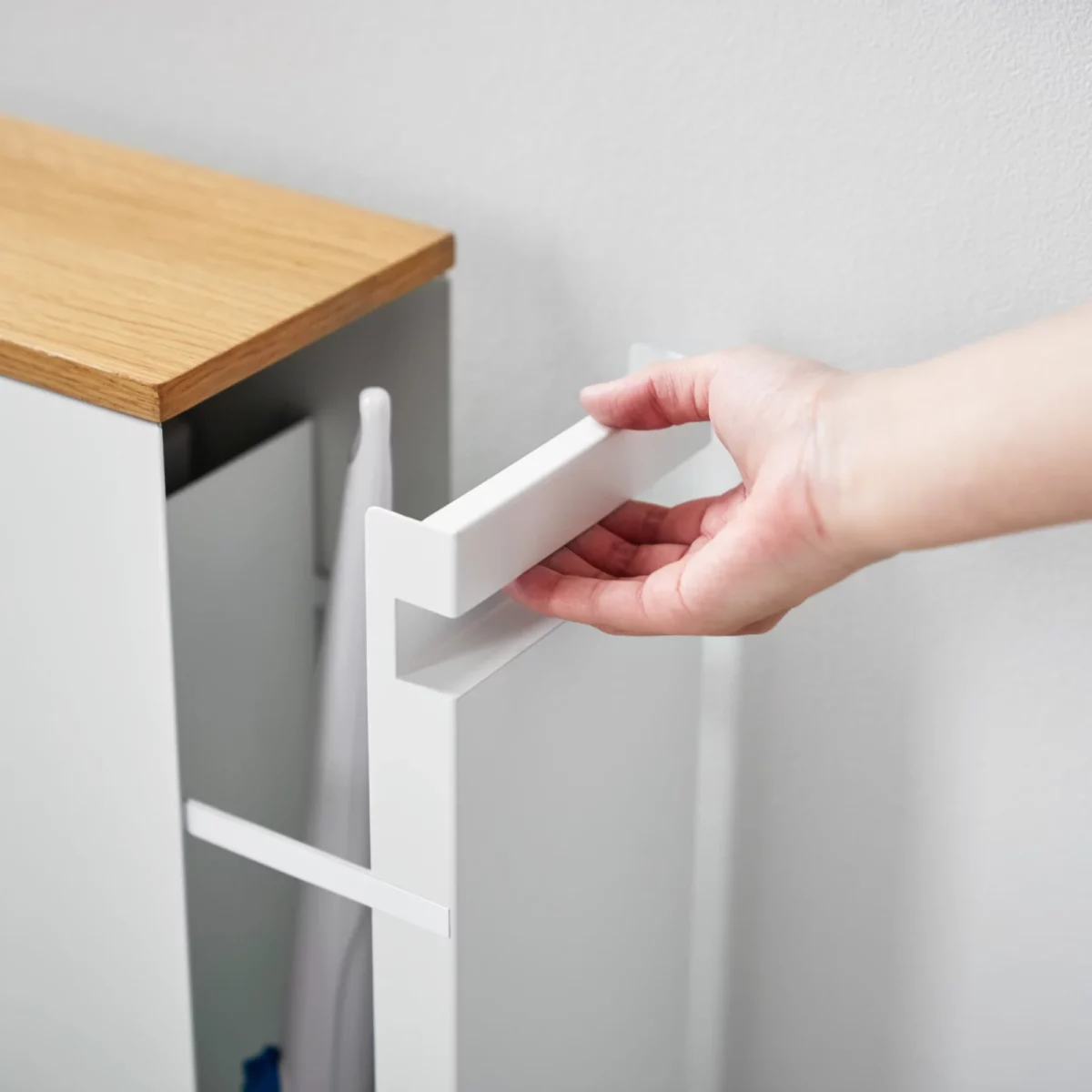 Yamazaki TOWER Pull-Out Shelving Unit with Wooden Shelf, White, Detail View 5 | One Horizon