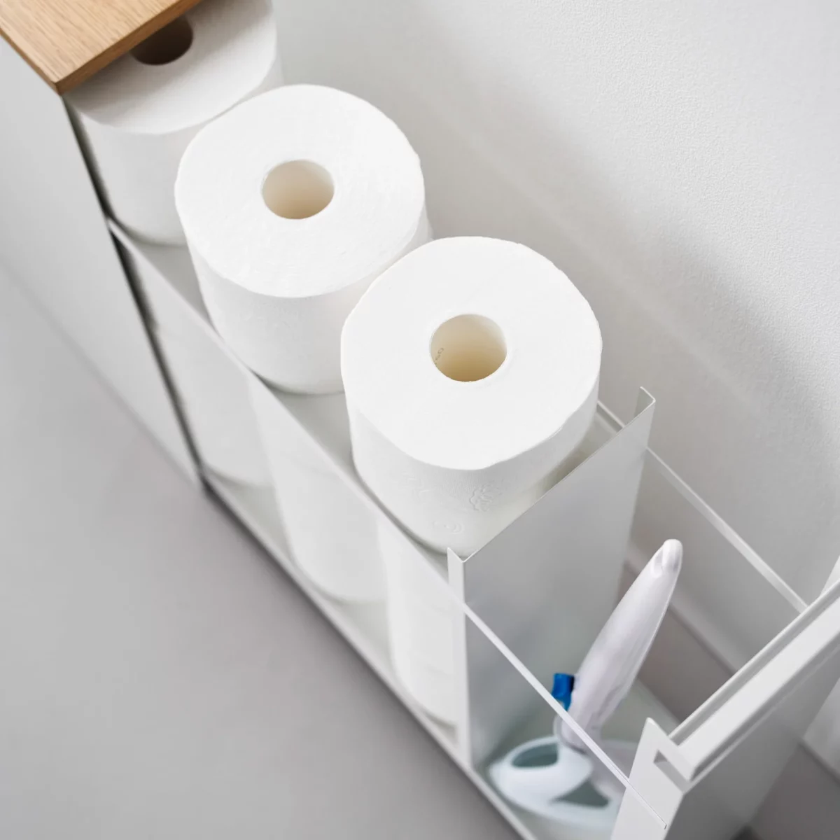 Yamazaki TOWER Pull-Out Shelving Unit with Wooden Shelf, White, Detail View 6 | One Horizon