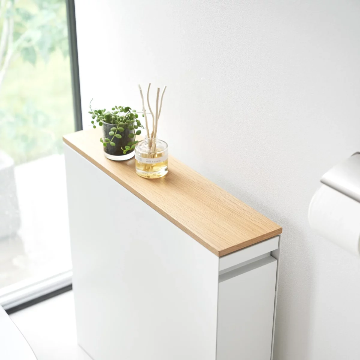 Yamazaki TOWER Pull-Out Shelving Unit with Wooden Shelf, White, Detail View 8 | One Horizon