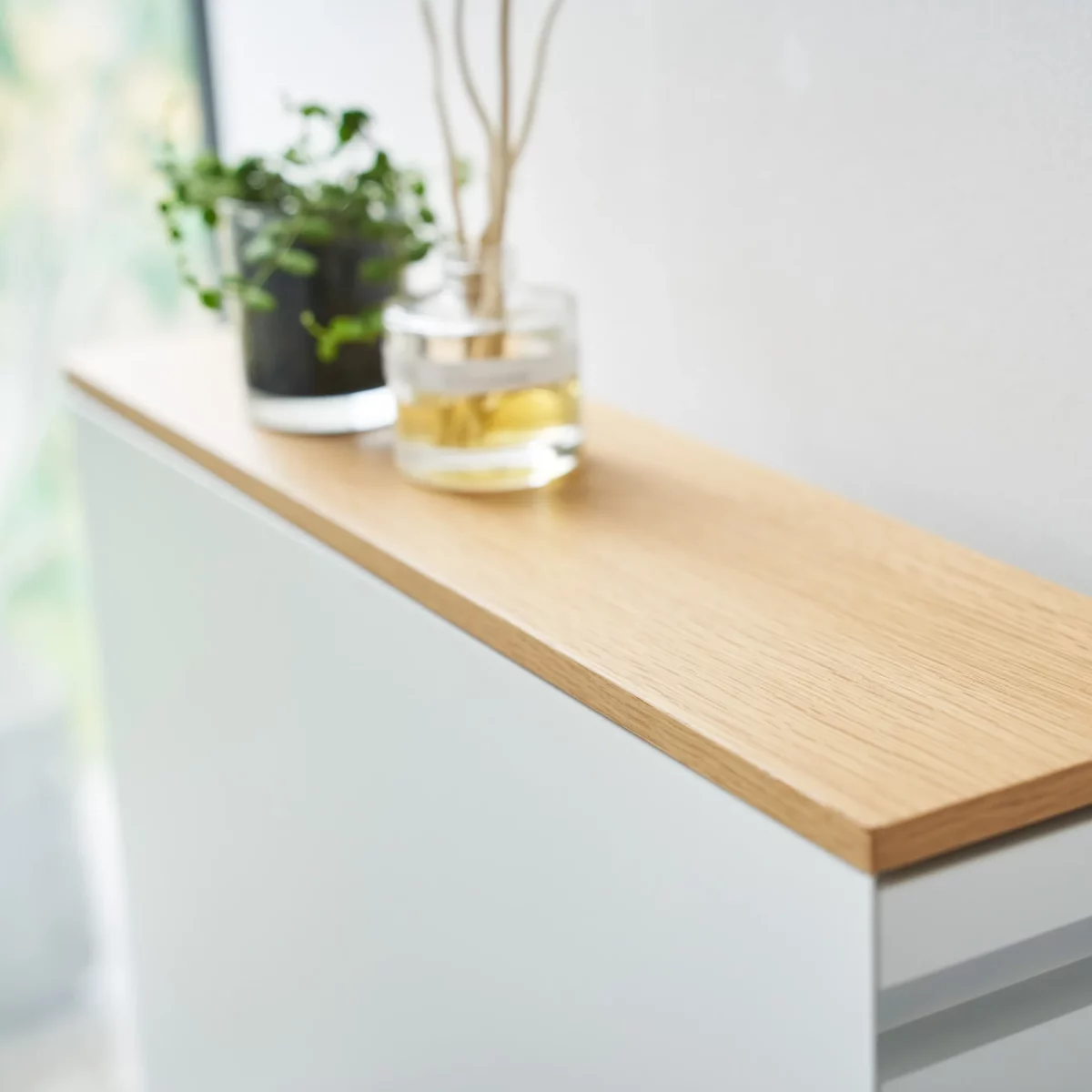 Yamazaki TOWER Pull-Out Shelving Unit with Wooden Shelf, White, Detail View 9 | One Horizon