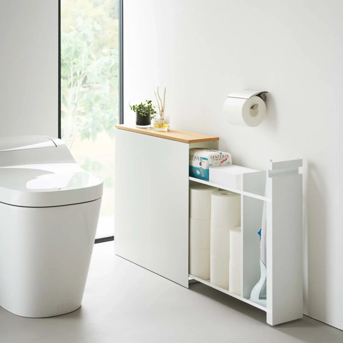 Yamazaki TOWER Pull-Out Shelving Unit with Wooden Shelf, White, Detail View 11 | One Horizon