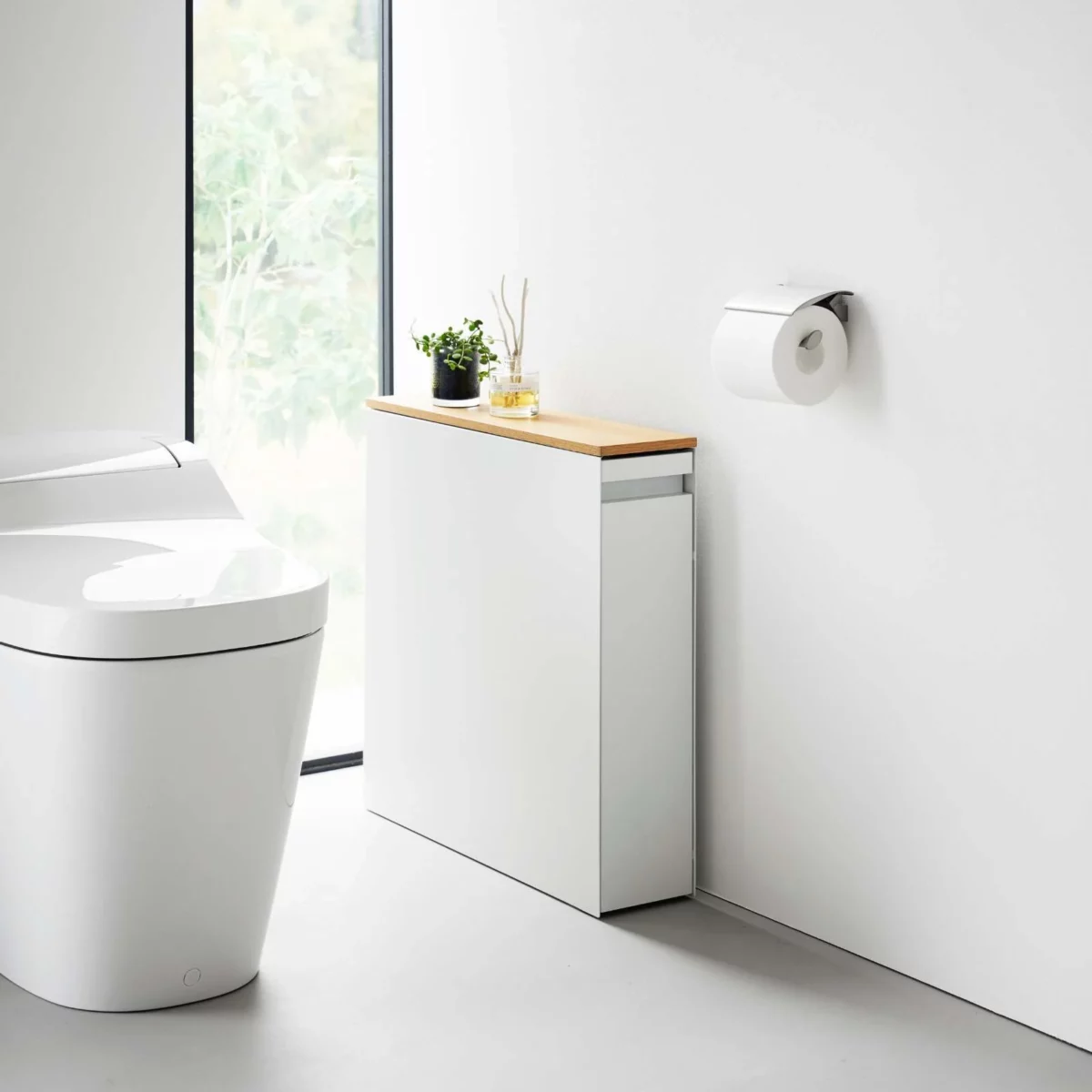 Yamazaki TOWER Pull-Out Shelving Unit with Wooden Shelf, White, Detail View 12 | One Horizon