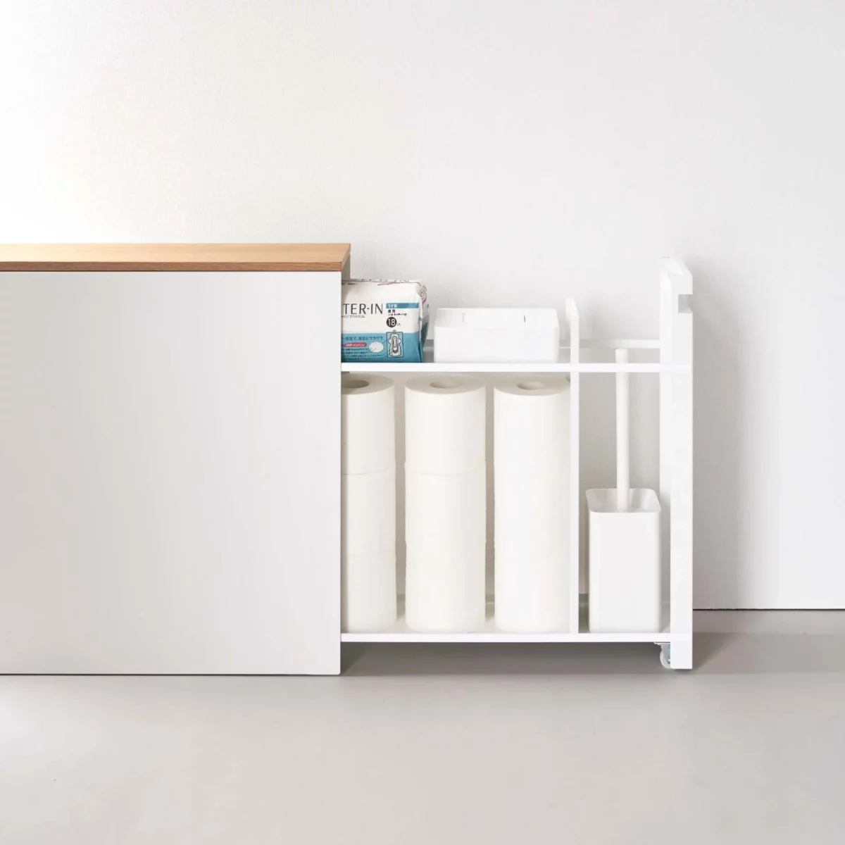 Yamazaki TOWER Pull-Out Shelving Unit with Wooden Shelf, White, Detail View 13 | One Horizon