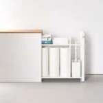 Yamazaki TOWER Pull-Out Shelving Unit with Wooden Shelf, White, Detail View 13 | One Horizon