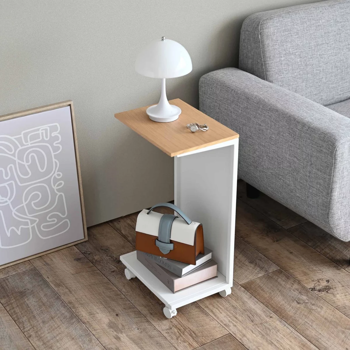 Yamazaki TOWER Side Table with Casters, White, Detail View 3 | One Horizon