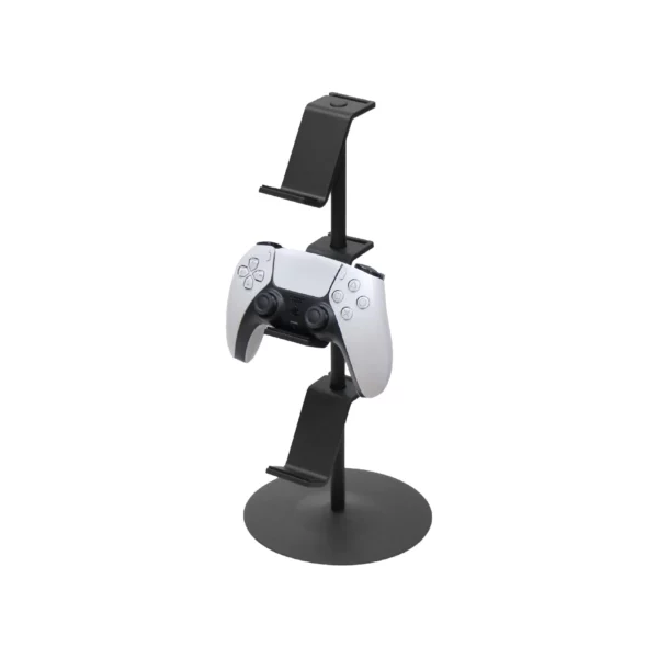 Yamazaki SMART game controller rack in black, holding one controller, cut out on a white background