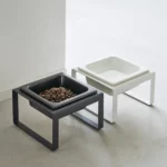 Yamazaki TOWER Food Bowl, single unit with stand; TOWER food bowls in black and white side by side on the floor