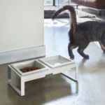 Yamazaki Futternapf TOWER mit Ständer in Weiss, mit Futter und Wasser, Katze geht vorbei
