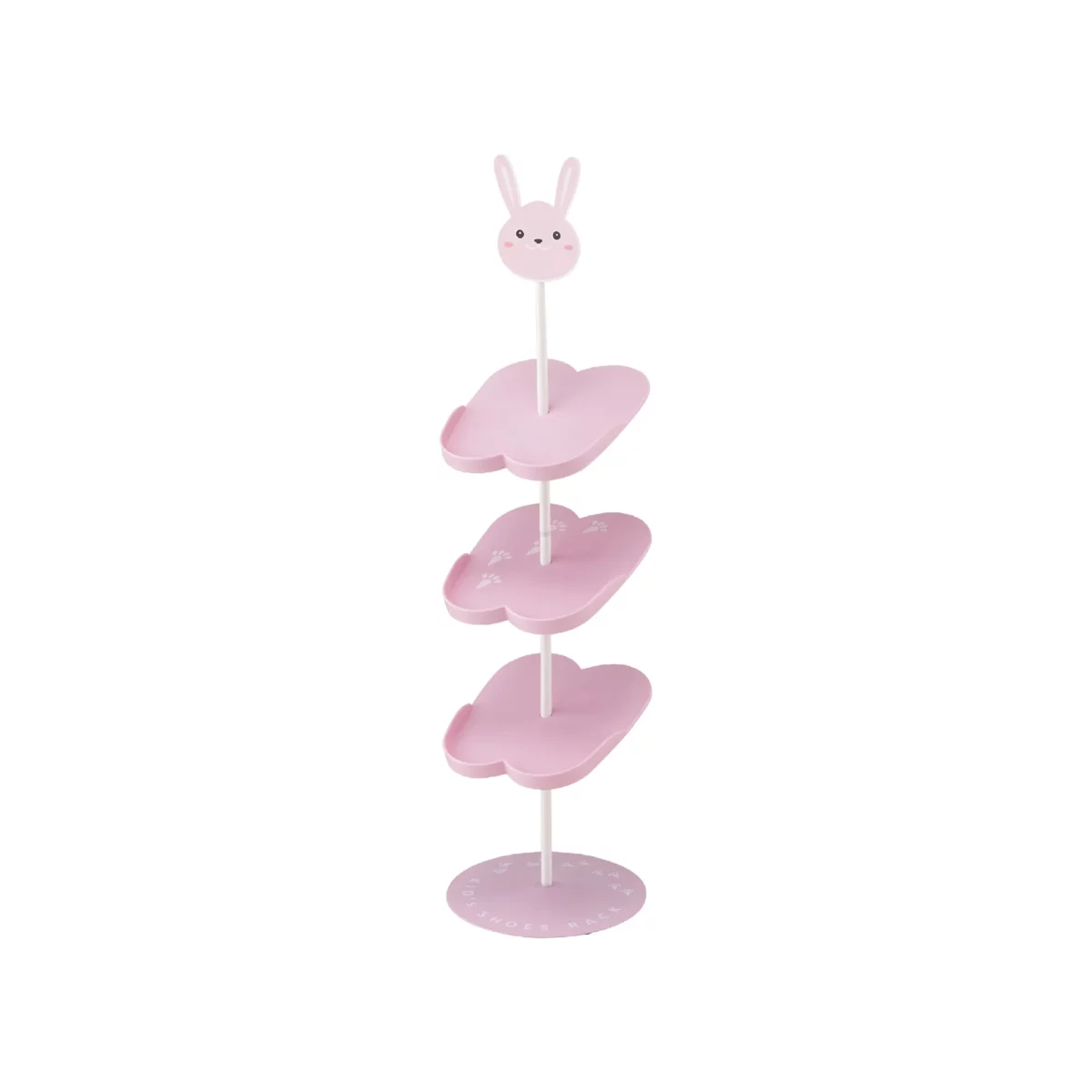 Yamazaki Kinder-Schuhregal in Pink, mit Hasenkopf und drei Ablagen, freigestellt auf weissem Grund