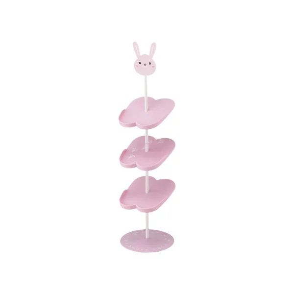 Étagère à chaussures pour enfants Yamazaki, rose, avec une tête de lapin et trois étagères, représentée sur fond blanc