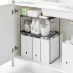 Yamazaki Klappregal TOWER stapelbar M in Schwarz, im Unterschrank mit Waschmittel über Ordnerboxen