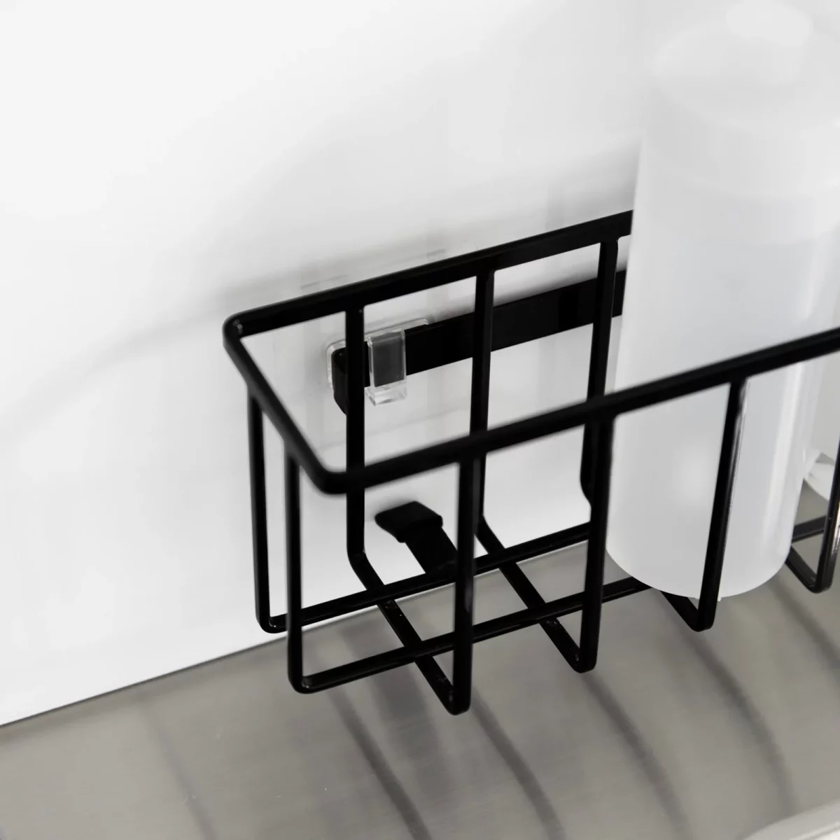 Yamazaki TOWER Film Hook multi-use basket L in black, close-up of the back with the Film Hook mount
