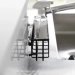 Yamazaki TOWER Film Hook multi-use basket L in black, close-up from the side with a spray bottle